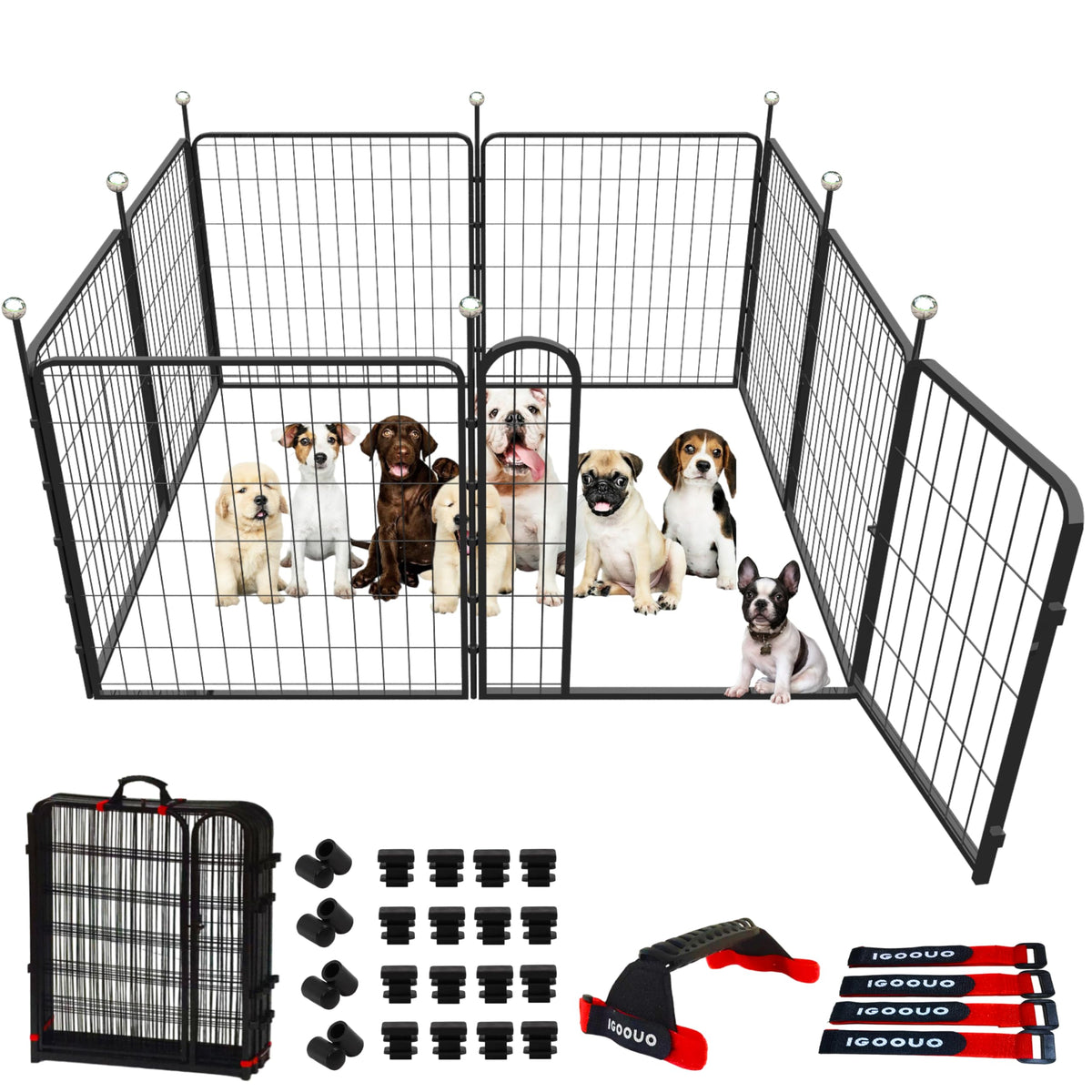 IGOOUO Portable Dog Crates & Playpen, 32'' Metal Pet Pen for Small/Medium Dogs, Indoor/Outdoor, Easy-Carry Straps, Rustproof, One Door