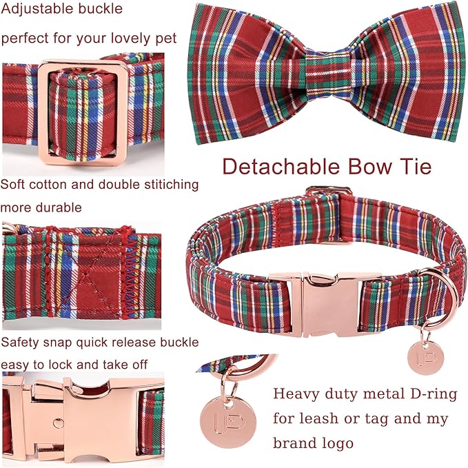 UP URARA PUP Christmas Plaid Dog Collar with Bow, Red and Blue Check Adjustable Pet Collar with Quick Release, Christmas Stripes Bowtie Collar for Small Medium Large Dogs XS