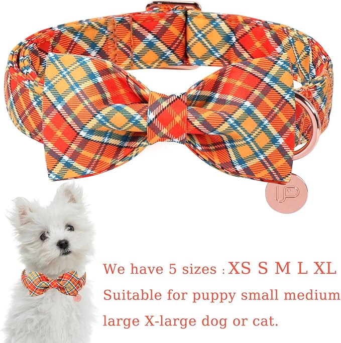 UP URARA PUP Autumn Plaid Dog Collar and Bow Tie Set – Orange Yellow Checkered Adjustable Fall Collar with Maple Leaf Charm for Small Medium Large Dogs, Soft Cotton Pet Collars with Buckle and D-Ring