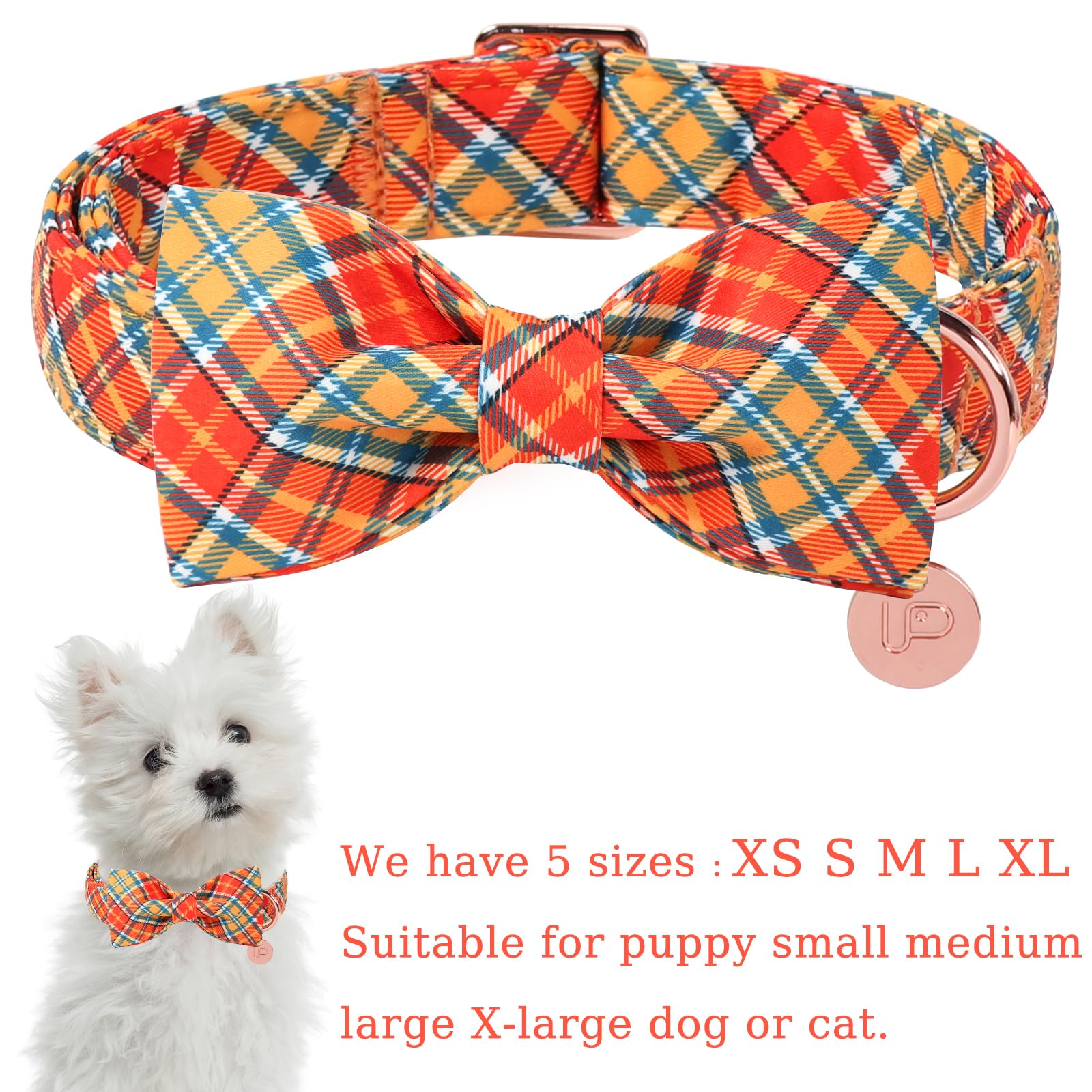 UP URARA PUP Autumn Plaid Dog Collar and Bow Tie Set – Orange Yellow Checkered Adjustable Fall Collar with Maple Leaf Charm for Small Medium Large Dogs, Soft Cotton Pet Collars with Buckle and D-Ring