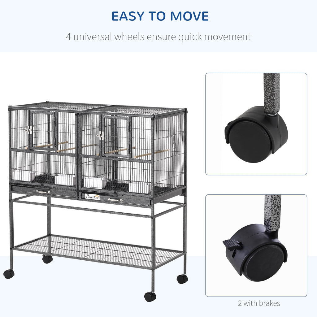 PawHut Divided Breeder Bird Cage with Rolling Stand Removable Metal Tray