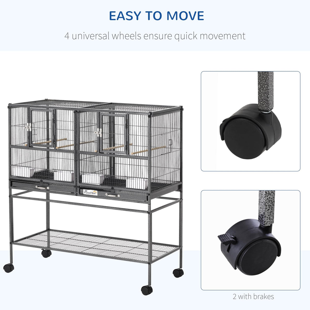 PawHut Divided Breeder Bird Cage with Rolling Stand Removable Metal Tray