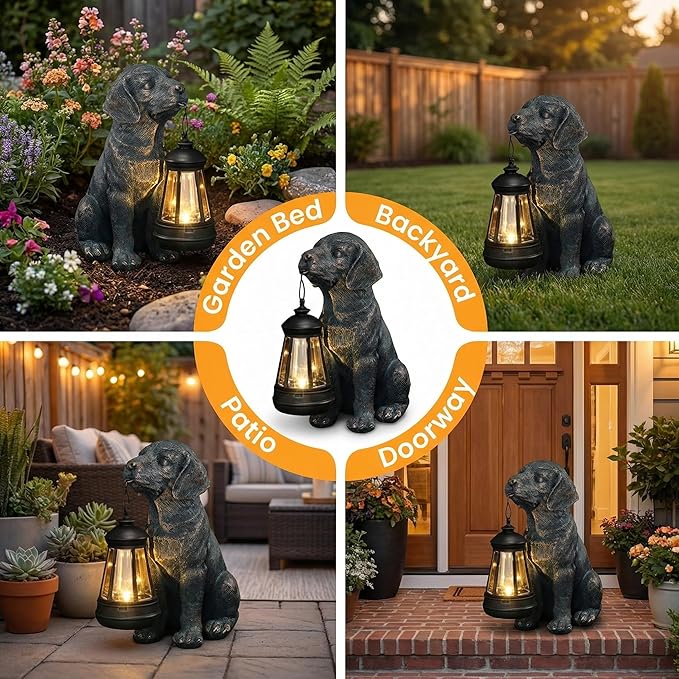 Lyeasw Outdoor Dog Statues Garden Decor with Solar Lantern