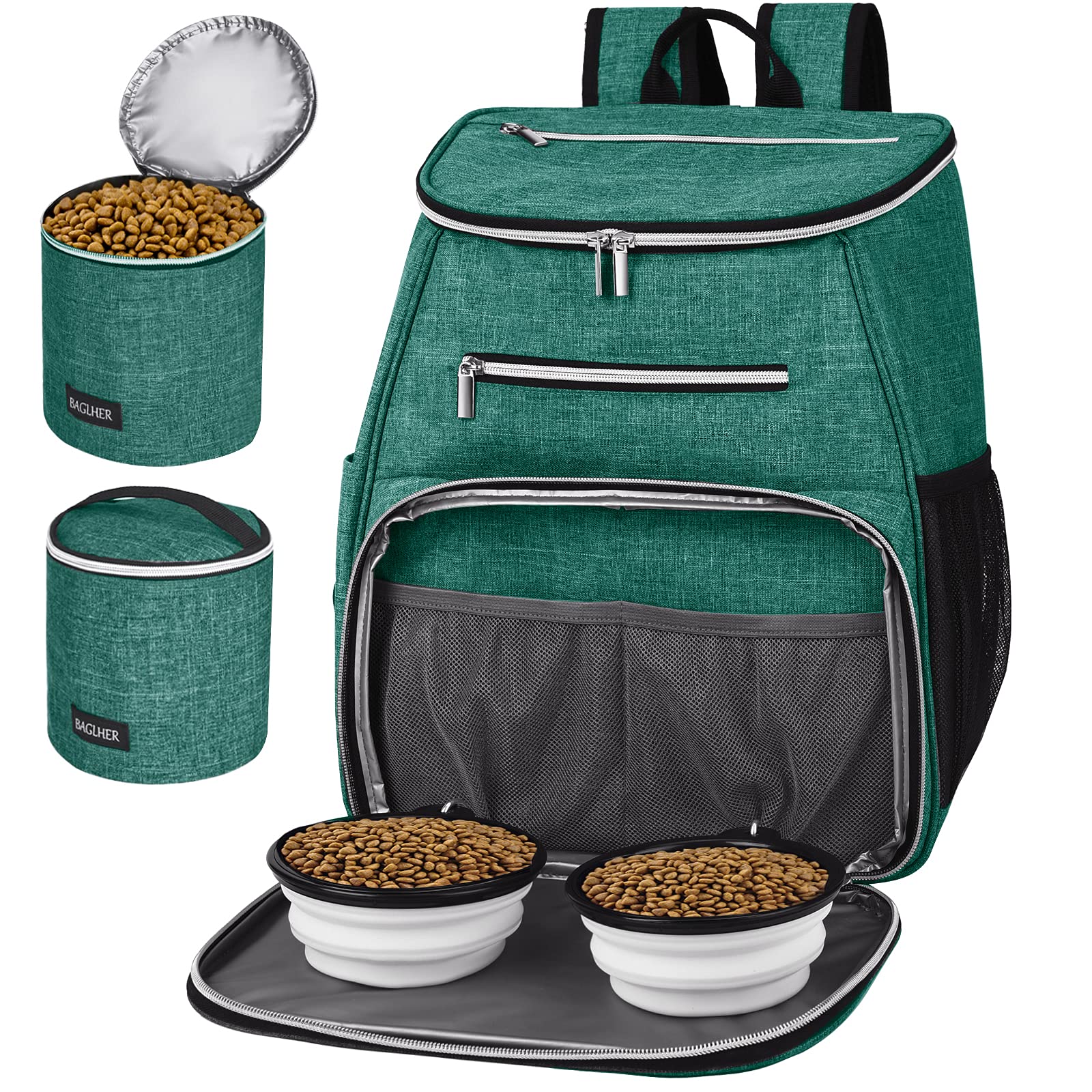 BAGLHER丨Dog Travel Bag Backpack, Airline Approved Pet Supplies Backpack, Dog Travel Bag with 2 Silicone Collapsible Bowls and 2 Food Baskets Green