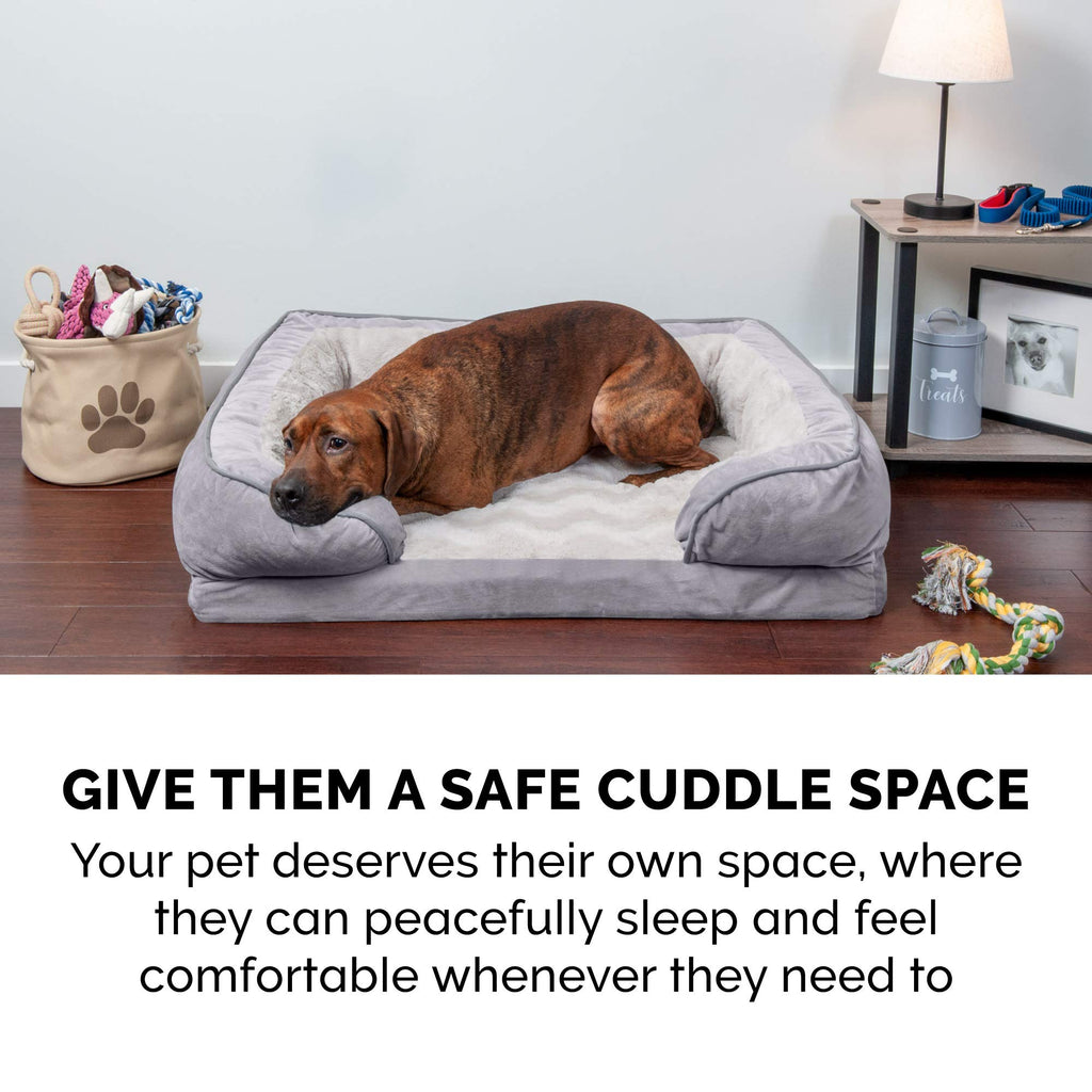 Furhaven Orthopedic Dog Bed for Large Dogs w/ Removable Bolsters & Washable Cover, For Dogs Up to 95 lbs - Plush & Velvet Waves Perfect Comfort Sofa - Granite Gray, Jumbo/XL