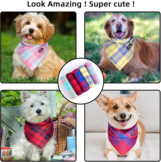 Gofshy Spring Dog Bandana Small-Dog Scarf Vibrant Color Pink Green Plaid Printing Adjustable Bib Handkerchief Accessories for Small Dogs Cats (S)
