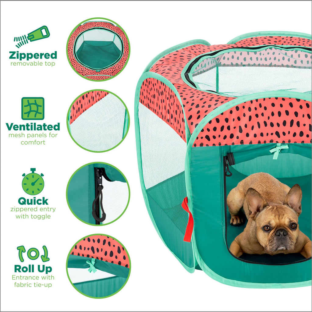 Furhaven Portable Dog Playpen Cat Tent, Pet Playground,Kennel Foldable Indoor Outdoor Zippered Puppy Crate - Green & Pink, Medium