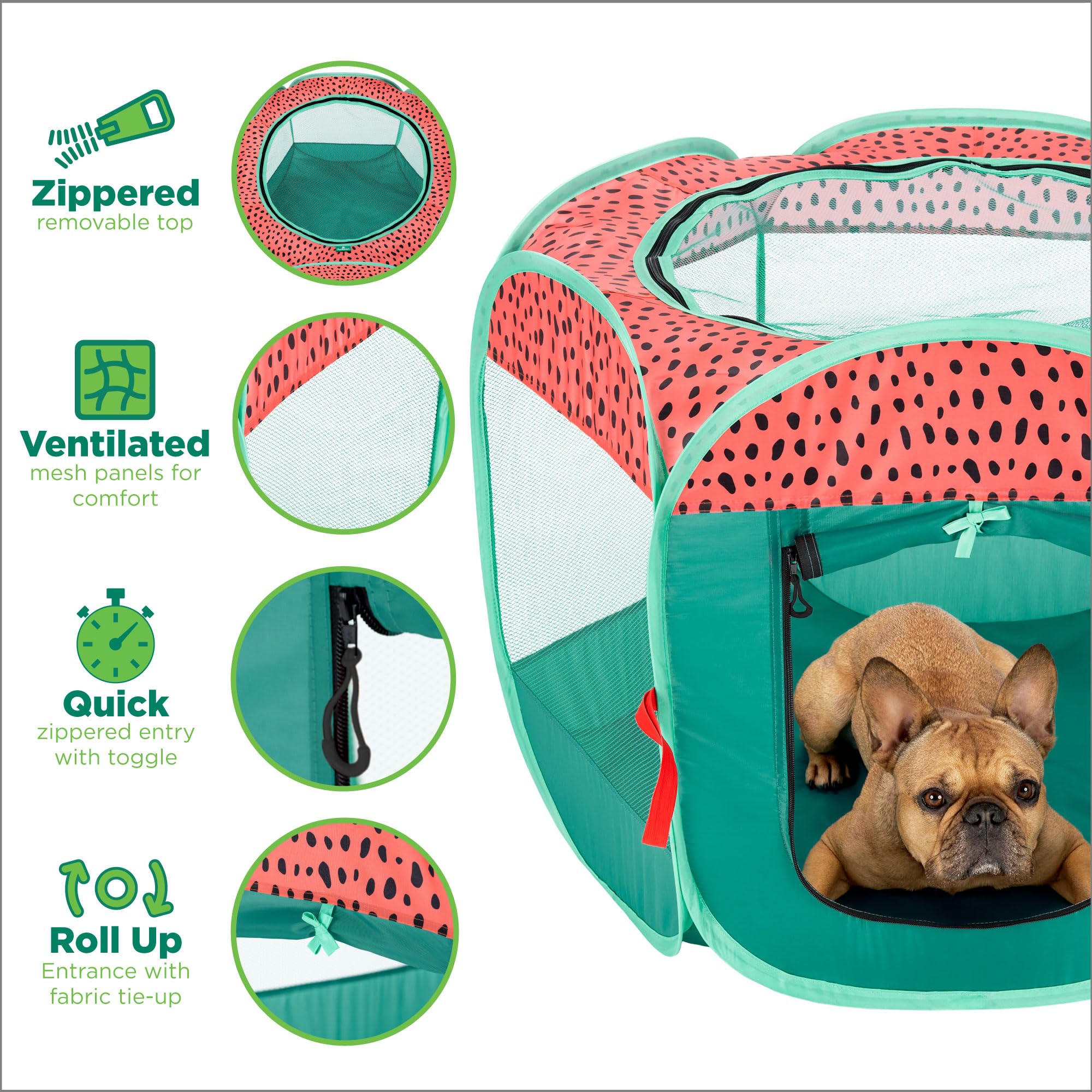 Furhaven Portable Dog Playpen Cat Tent, Pet Playground,Kennel Foldable Indoor Outdoor Zippered Puppy Crate - Green & Pink, Medium