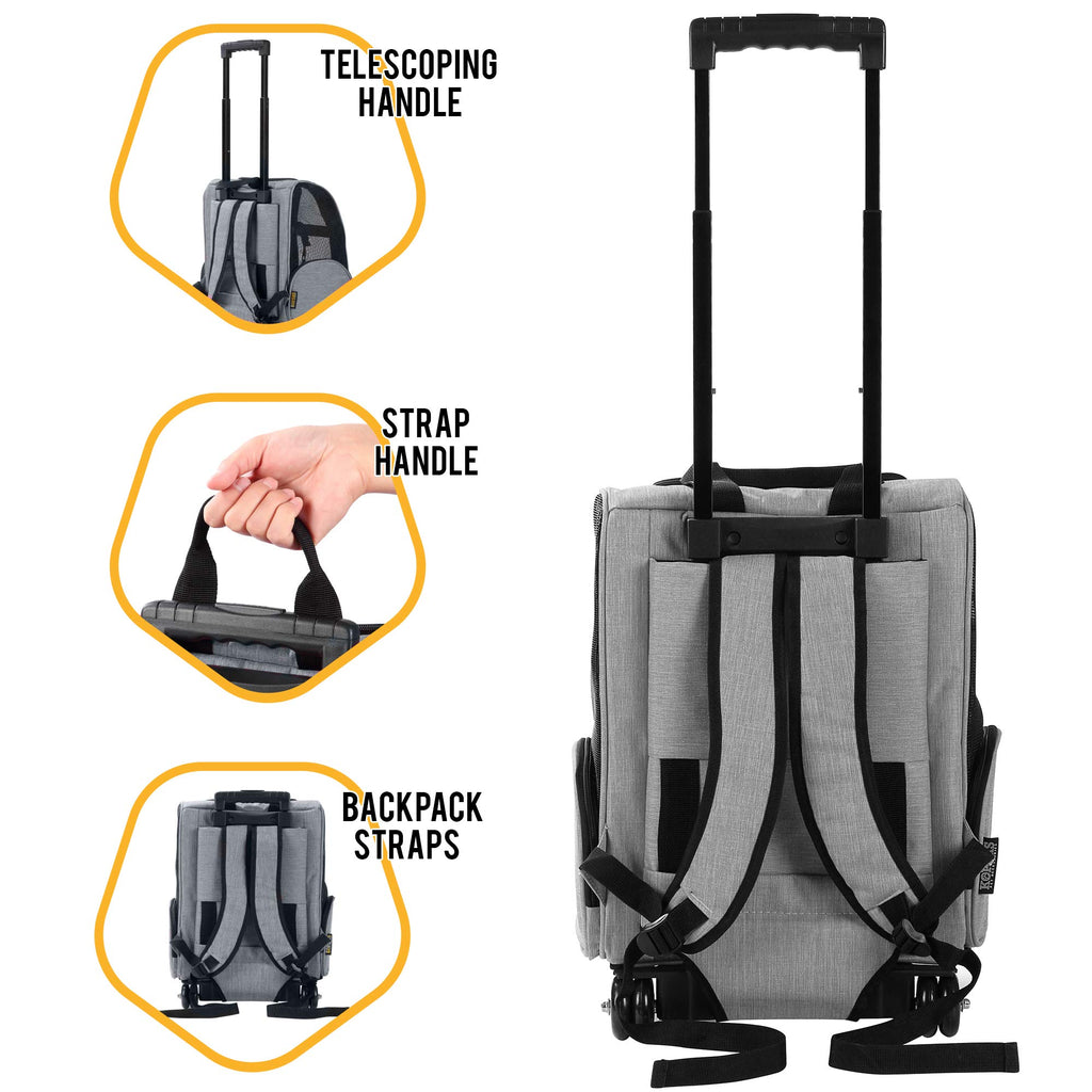 KOPEKS Deluxe Backpack Pet Travel Carrier with Double Wheels for Pets up to 18 Pounds - Grey