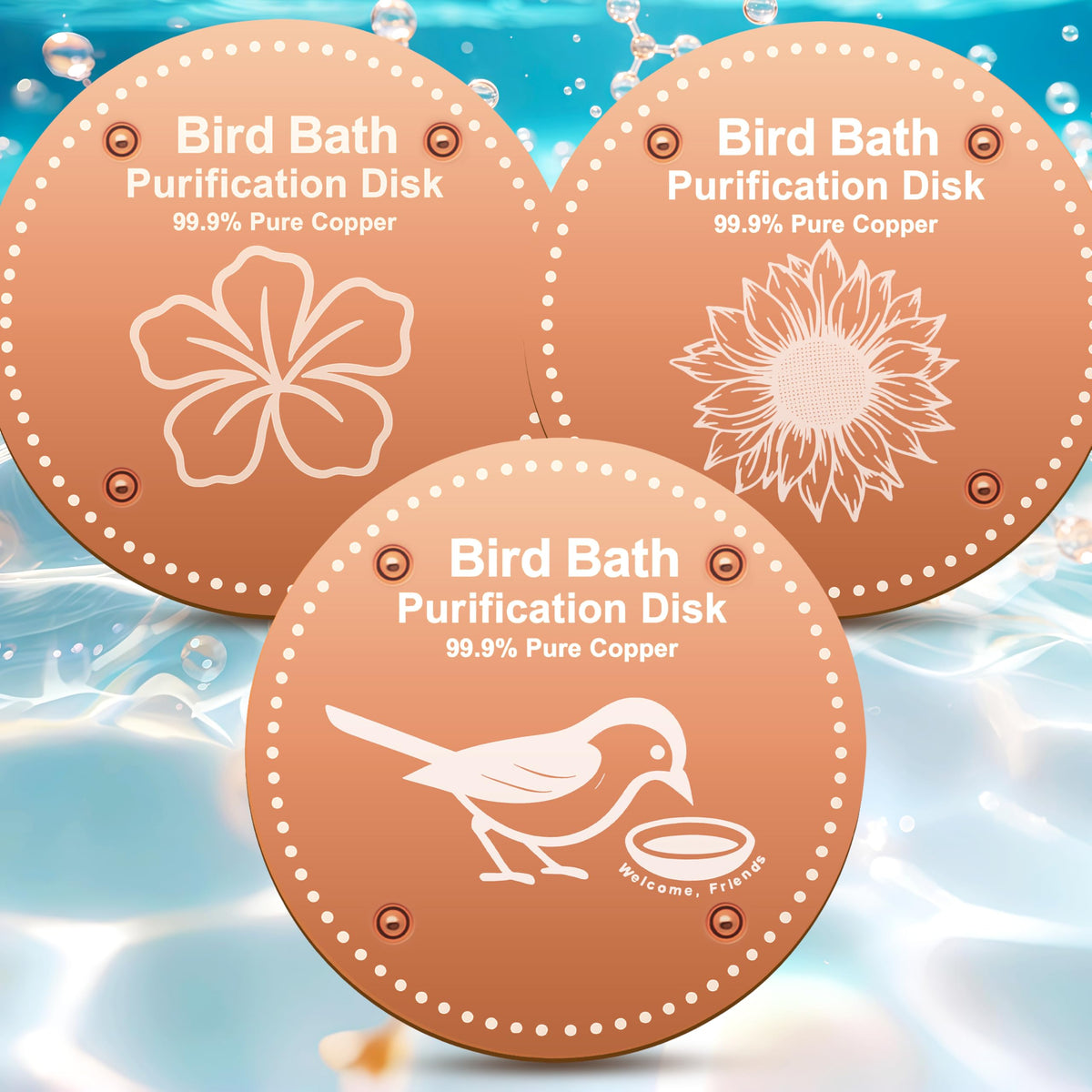 OICEME Bird Bath Purification Disk Pure Copper Outside Winter Solar Power Birdbath Heater Deicer Cage Hanging Bowl Metal Warmer Deck Railing Glass Concrete Ceramic Stone Stand Outdoor Fountain 3PCS