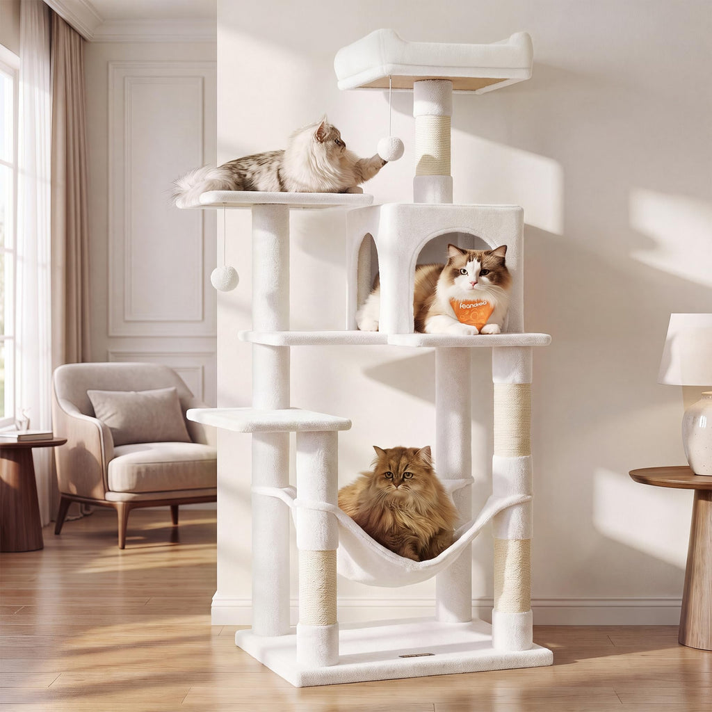 Feandrea Cat Tree, 54.2-Inch Cat Tower, Plush Multi-Level Condo with 4 Scratching Posts, 2 Perches, Hammock, Cave, Cream White UPCT161T01