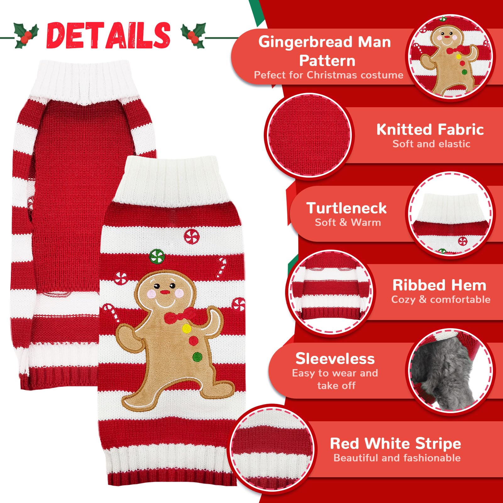 DOGGYZSTYLE Dog Christmas Sweater Xmas Pet Clothes Cute Striped Gingerbread Man Costume Holiday Puppy Cat Jumpers Outfits New Year Gifts for Small Medium Large Dogs(Red Gingerbread Man,S)