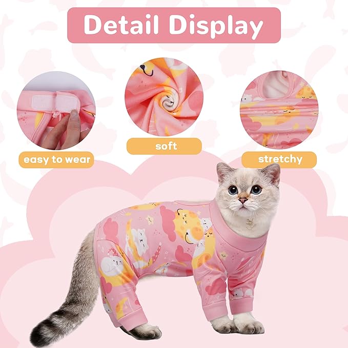 PUMYPOREITY Cat Recovery Suit, Stops Wound Licking After Surgery, Sticky Hair Shirt with Sticky Fabric, Cat Pajamas Prevents Over-Grooming, Kitten Onesie - Soft & Machine Washable, Pink, XS
