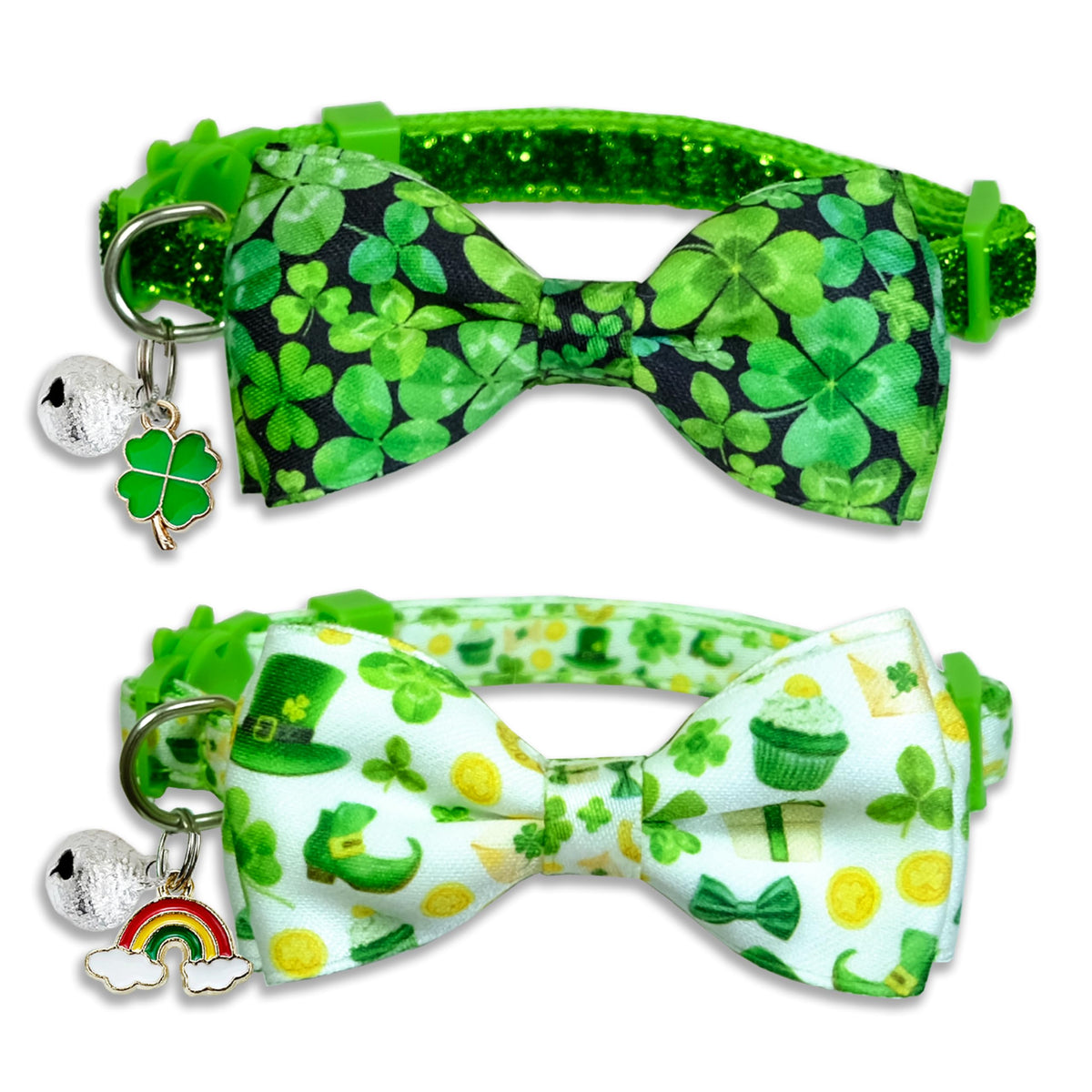 2 Pack St. Patrick's Day Cat Collars with Bow Tie and Charms, Adjustable Breakaway Shamrock and Clover Collars for Cats and Kittens, Holiday Festive Design for Boys and Girls