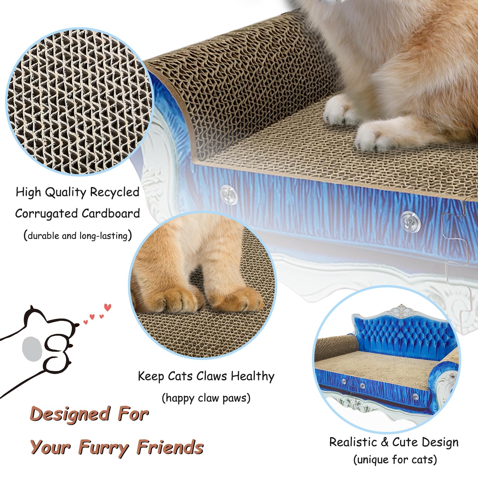 INRLKIT Luxury Cardboard Cat Scratcher Sofa Bed, Couch Shaped Cat Scratching Board, Scratch Lounge with Catnip, Scratcher for Indoor Cats Kittens Kitties