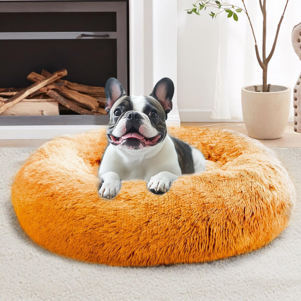 JOLLYVOGUE Calming Dog Bed for Small Dogs - 23 inches Donut Washable Small Dog Bed for Kittens & Puppies, Anti-Slip Round Fluffy Plush Faux Fur Cat Beds (Fits up to 25 lbs Pets, Purple)