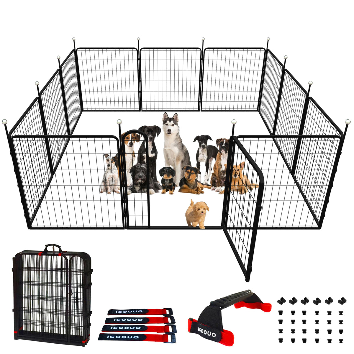 IGOOUO Portable Dog Crates & Playpen, 32'' Metal Pet Pen for Small/Medium Dogs, Indoor/Outdoor, Easy-Carry Straps, Rustproof, One Door