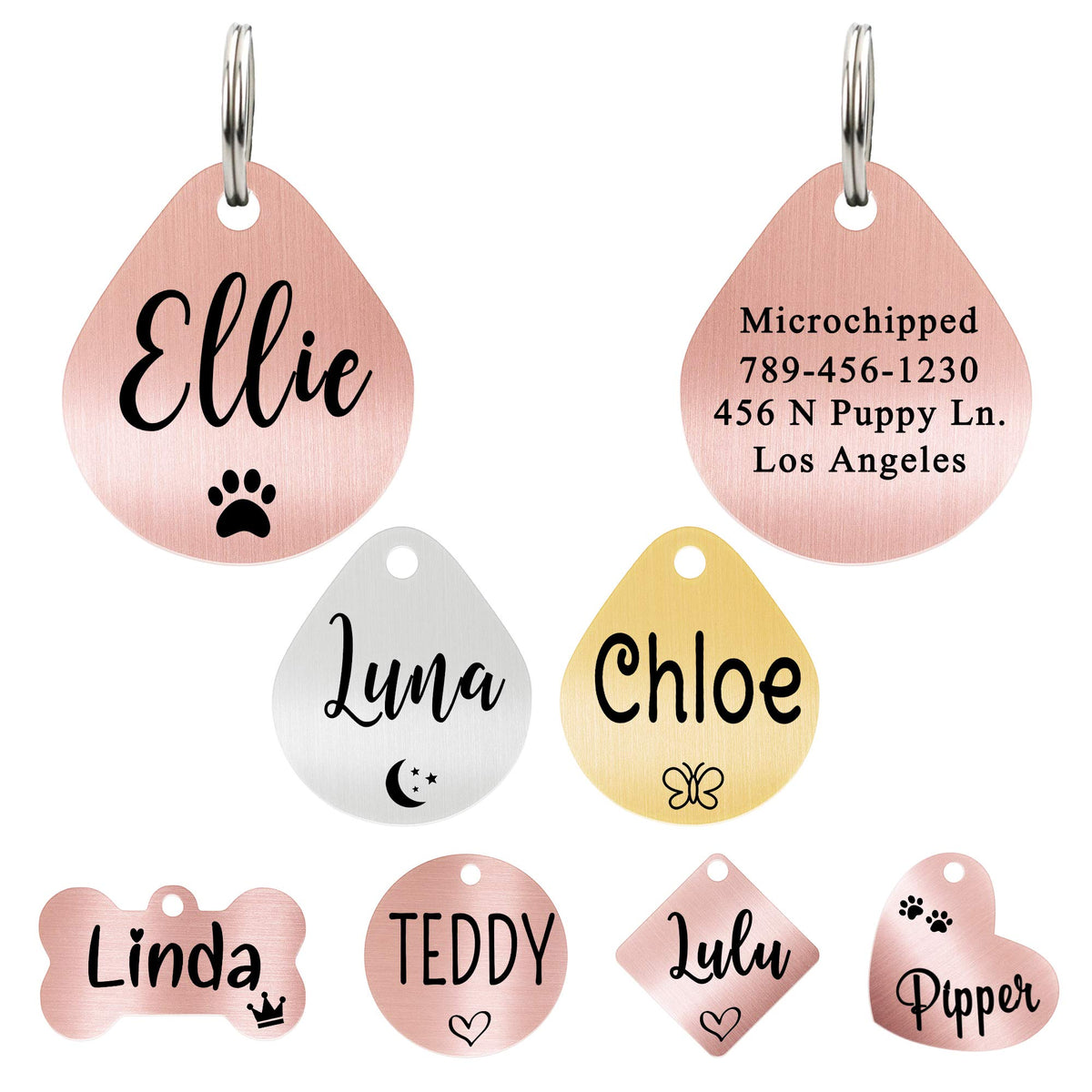 Ultra Joys Custom Personalized Pet ID Tag - Brushed Stainless Steel Heart in Rose Gold, Large