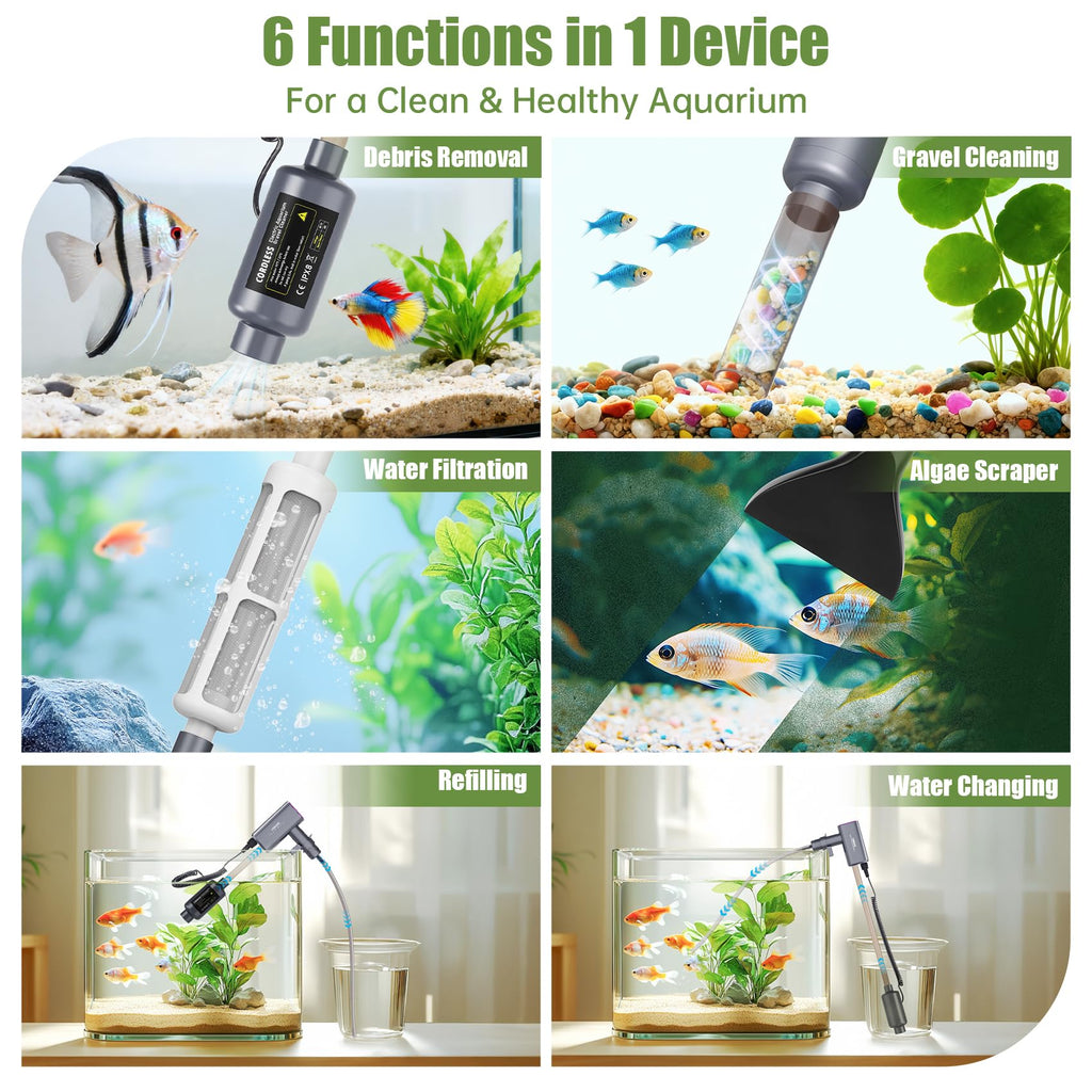 Cordless Aquarium Gravel Cleaner Vacuum, 36W Electric Fish Tank Cleaner