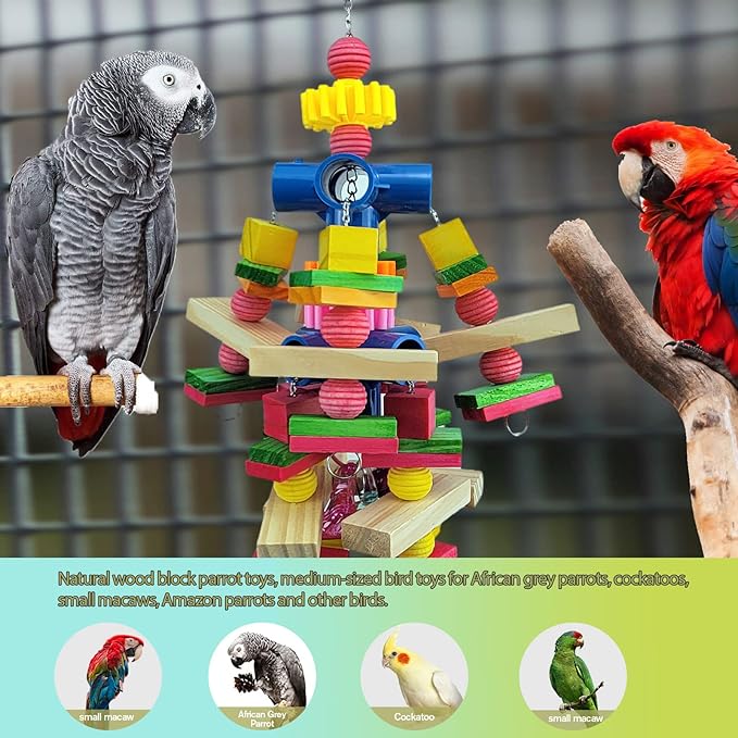 Cokliomc Parrot Toys for African Grey Parrots, Cockatoos, Small Macaws, Amazon Parrots Small and Medium Birds Natural Wooden Safe and Durable Chew Toys and Bird Cage Accessories