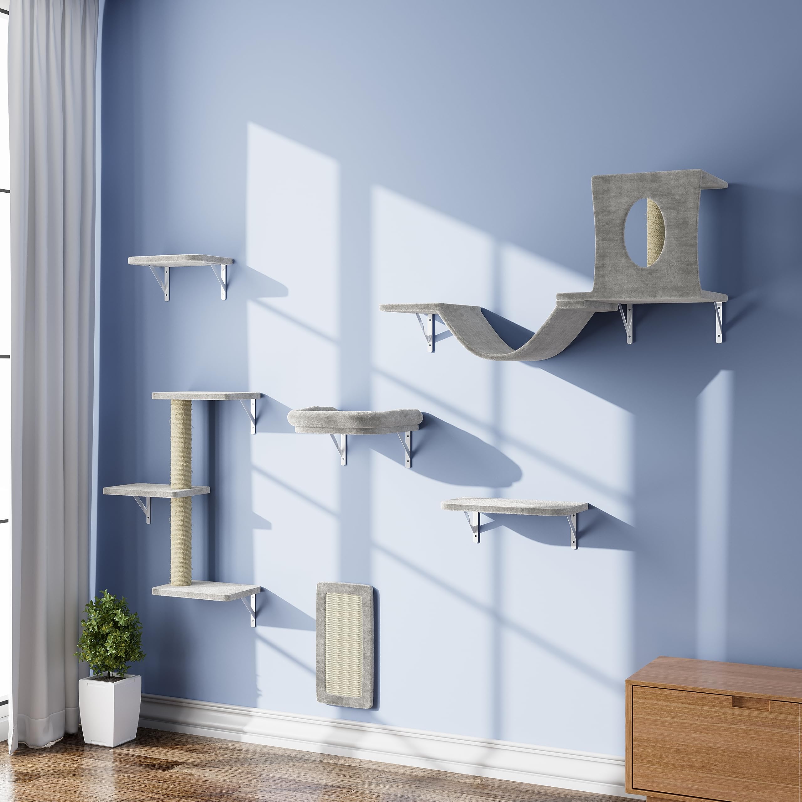 NUNU LAB Wall Mounted Cat Furniture Set - 6 Pcs Climber Set with House, Bridge, Steps, Scratcher Board - DIY Walls Playground, Indoor Cat Shelves - Gray