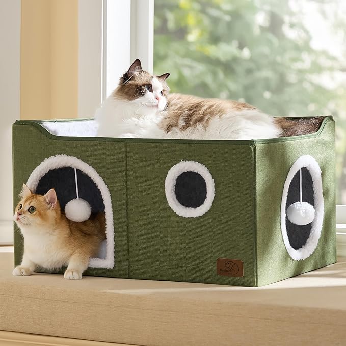 Bedsure Extra Wide Cat House Bed with Fluffy Ball and Scratch Pad