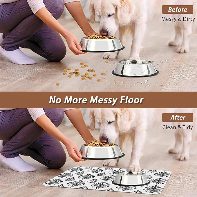Vintage Damask Flower Dog Cat Food Mat,White Black Floral Absorbent Pet Feeding Mat for Food and Water,Non-Slip Dog Bowl Mats Floor Protector 16"x24"