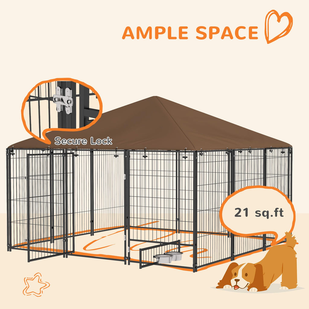 PawHut Outside Dog Kennel, 7' x 7' x 5' Puppy Play Pen with Canopy, Garden Playpen Fence Crate Enclosure Cage Rotating Bowl, for Dogs, Chickens, Ducks, Black