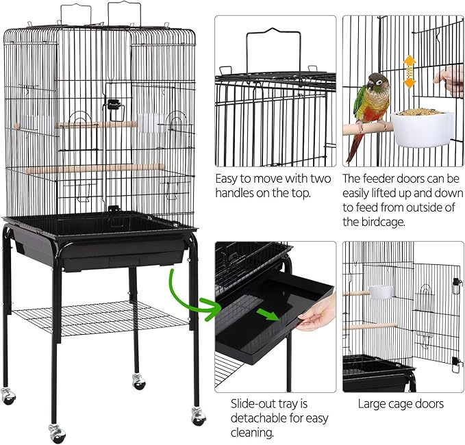 Yaheetech 53.5" Open Top Parrot Bird Cage with Detachable Rolling Stand, Roof Play Flight Cage for Cockatiels, Sun Conures, Green Cheek Conures & Small to Medium Parrots