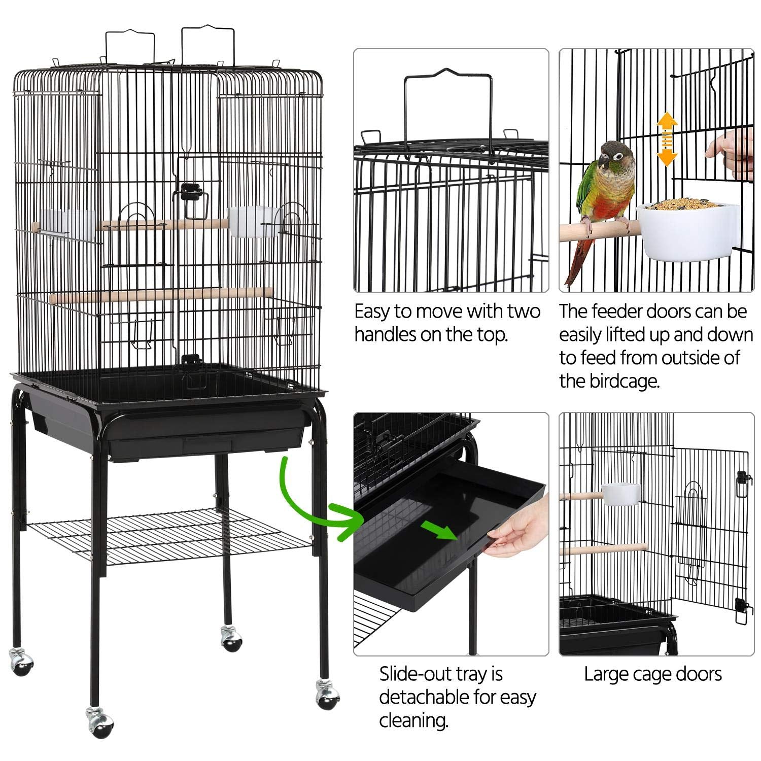 Yaheetech 53.5" Open Top Parrot Bird Cage with Detachable Rolling Stand, Roof Play Flight Cage for Cockatiels, Sun Conures, Green Cheek Conures & Small to Medium Parrots