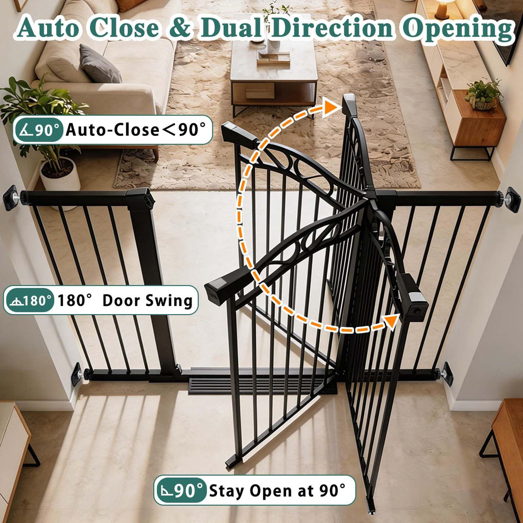 Fairy Baby 29.53"-32.28" Wide Baby Gate with Door, Walk Through Baby Gates for Stairs Pressure Mounted no Drill, Indoor Tension Metal Pet Dog Gate, Auto Close Child Safety Gate, Black