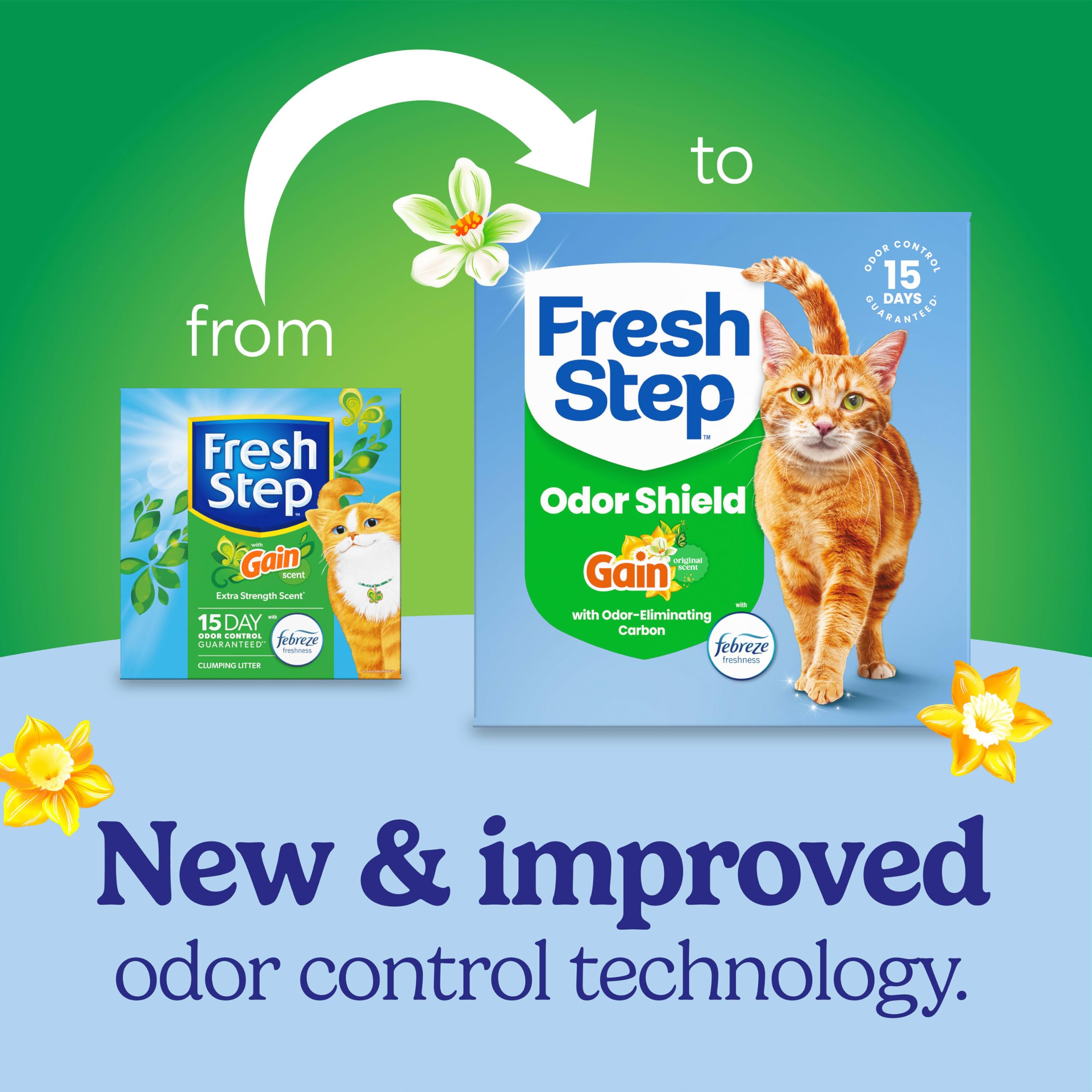 Fresh Step Odor Shield Multi Cat Clumping Cat Litter With Febreze Freshness in Gain Scent, Low Dust, Odor Control with Ammonia Block Tech, Compatible in Automatic Litter Boxes, 14 lb.