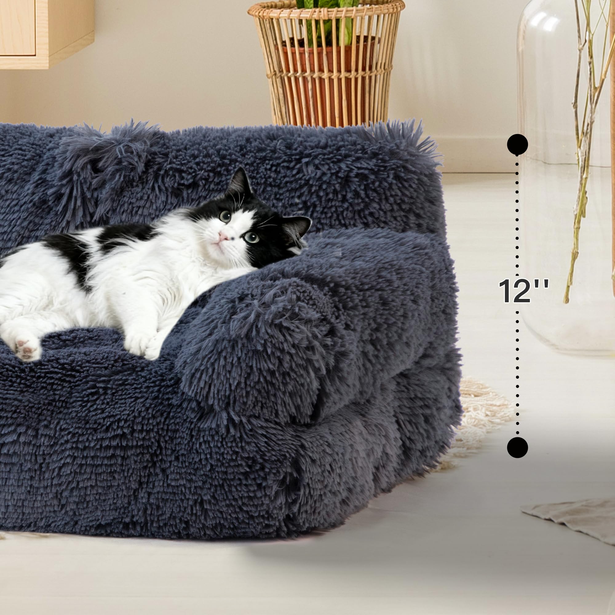 FURMORENE Cat Beds for Indoor Cats, Dog Couch Bed, Cute Cat Couch Sofas, Small Dog Sofas & Chairs with Removable Washable Cover, Warm Soft Pet Furniture for 20lbs Small Dog & Cat, Plush Dark Grey