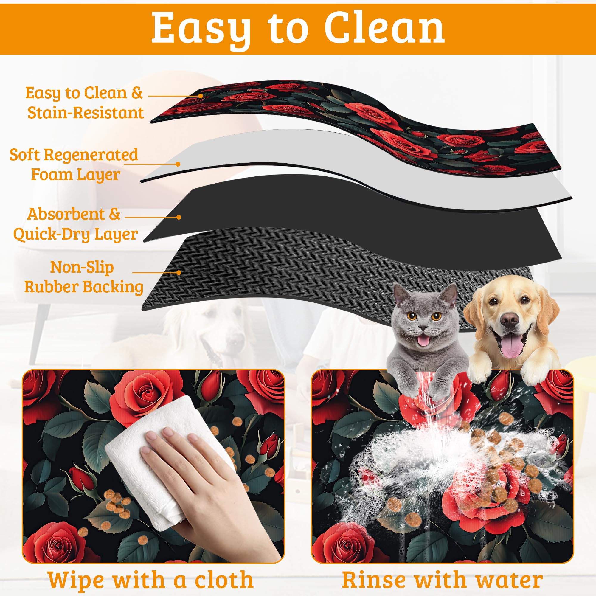 Retro Rose Feeding Mat,Green Leaf Absorbent Quick-Dry Cat Dog Food and Water Bowl Mats,Non-Slip Rubber Backing Mat,Cat Dog Accessories Supplies 12" x 20"