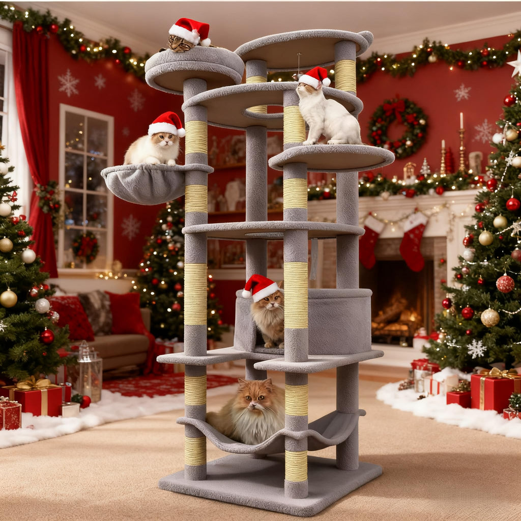 KWOJU 78.8" Large Cat Tree Tower for Indoor Kitties, Multi-Level Furniture Activity Center for Tall Cat Condo with Cozy Perches,Sisal Scratching Posts,Hammock and Basket (78.8 inch Light Gray)