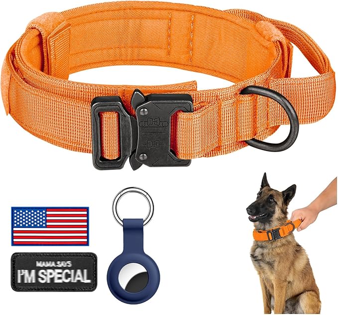 DAGANXI Tactical Dog Collar, Adjustable Military Training Nylon Dog Collar with Control Handle and Heavy Metal Buckle for Medium and Large Dogs, with Patches and Airtags Case (L