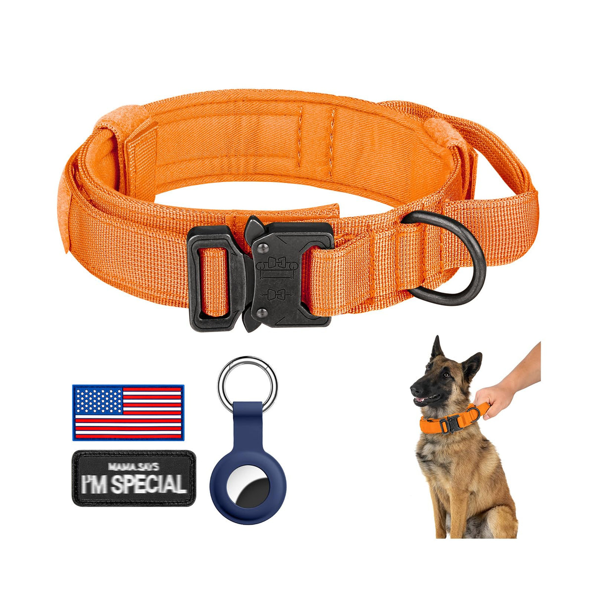 DAGANXI Tactical Dog Collar, Adjustable Military Training Nylon Dog Collar with Control Handle and Heavy Metal Buckle for Medium and Large Dogs, with Patches and Airtags Case (L, Pink)