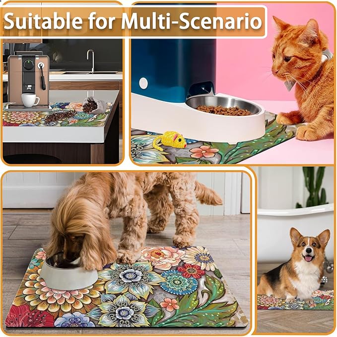 Absorbent Pet Dog Bowl Mat for Food and Water, Pet Cat Food Feeding Mat with Non Slip Rubber Backing, Dog Food Mats for Floors Waterproof, 12"x20"