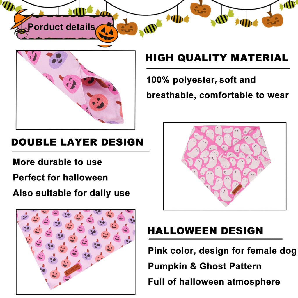 ADOGGYGO Halloween Dog Bandanas Girl, Pink Ghost Pumpkin Dog Scarf, Small