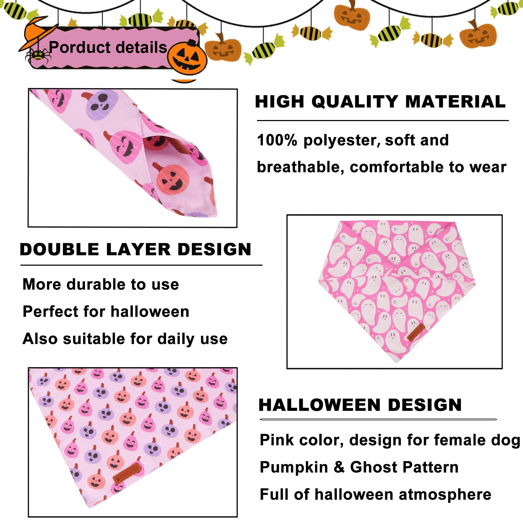 ADOGGYGO Halloween Dog Bandanas Girl, Pink Ghost Pumpkin Dog Scarf, Small