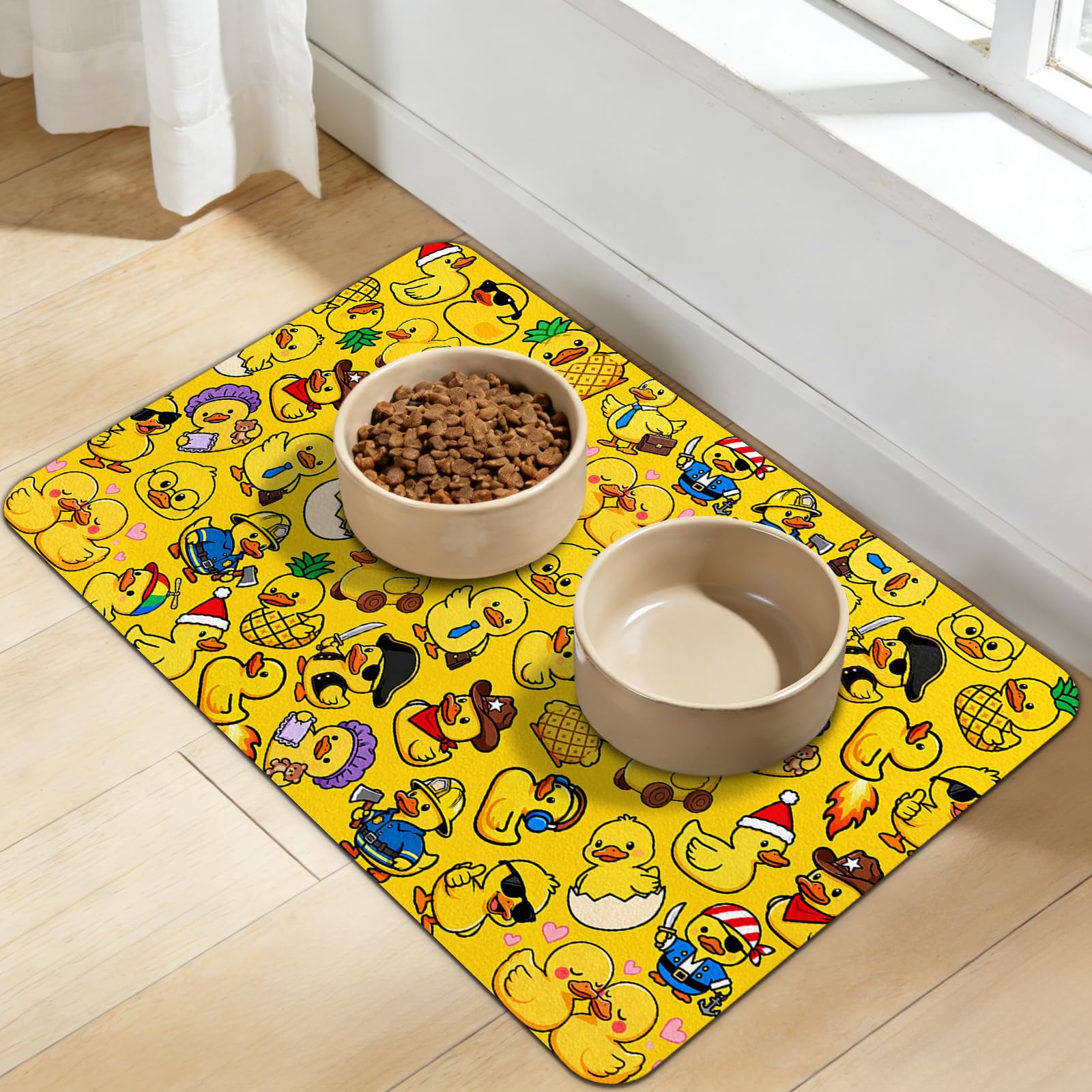 Dog Food Mat for Bowls, Absorbent Quick Dry Dog Cat Mats for Food and Water, Non-Slip Backing Pet Mat Pet Supplies - Duck Pattern