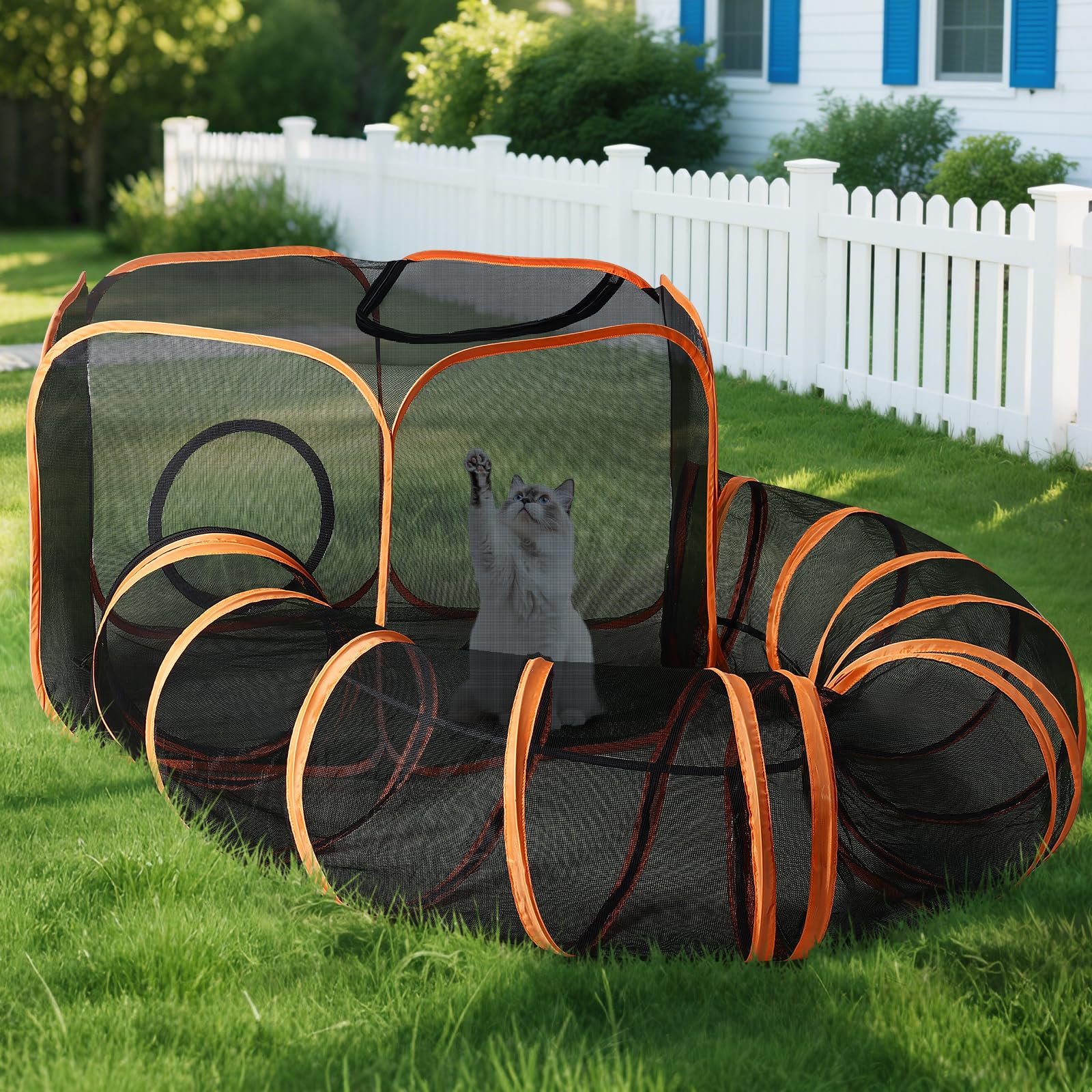 YAVAYI Outdoor Cat Enclosure with Circle Tunnel for Kitten Kitty Run - Portable Cat Playpen Tent Outdoor Indoor Pet Tent for Outside Small Animals