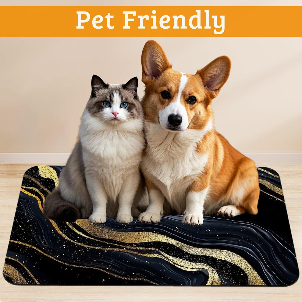 Dog Bowl Mat,Abstract Marbled Pet Feeding Mat for Floors Waterproof,Gold Black Absorbent Dogs Placemat for Food and Water Quick Dry Pet Cat Feeding Mats with Non Slip Bottom 16" x 24"