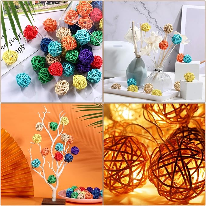 Sumind 80 Pieces Parrot Toy 1.2 Inch Wicker Rattan Balls Wooden Blocks Bird Chewing Toys Mini Wood Chips Pet Parrot Cage Accessories for DIY Playing Chewing Shredding Mixed Bird Toys, Random Color