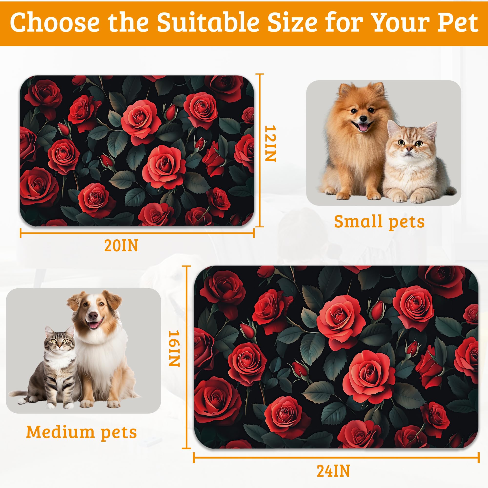 Retro Rose Feeding Mat,Green Leaf Absorbent Quick-Dry Cat Dog Food and Water Bowl Mats,Non-Slip Rubber Backing Mat,Cat Dog Accessories Supplies 12" x 20"