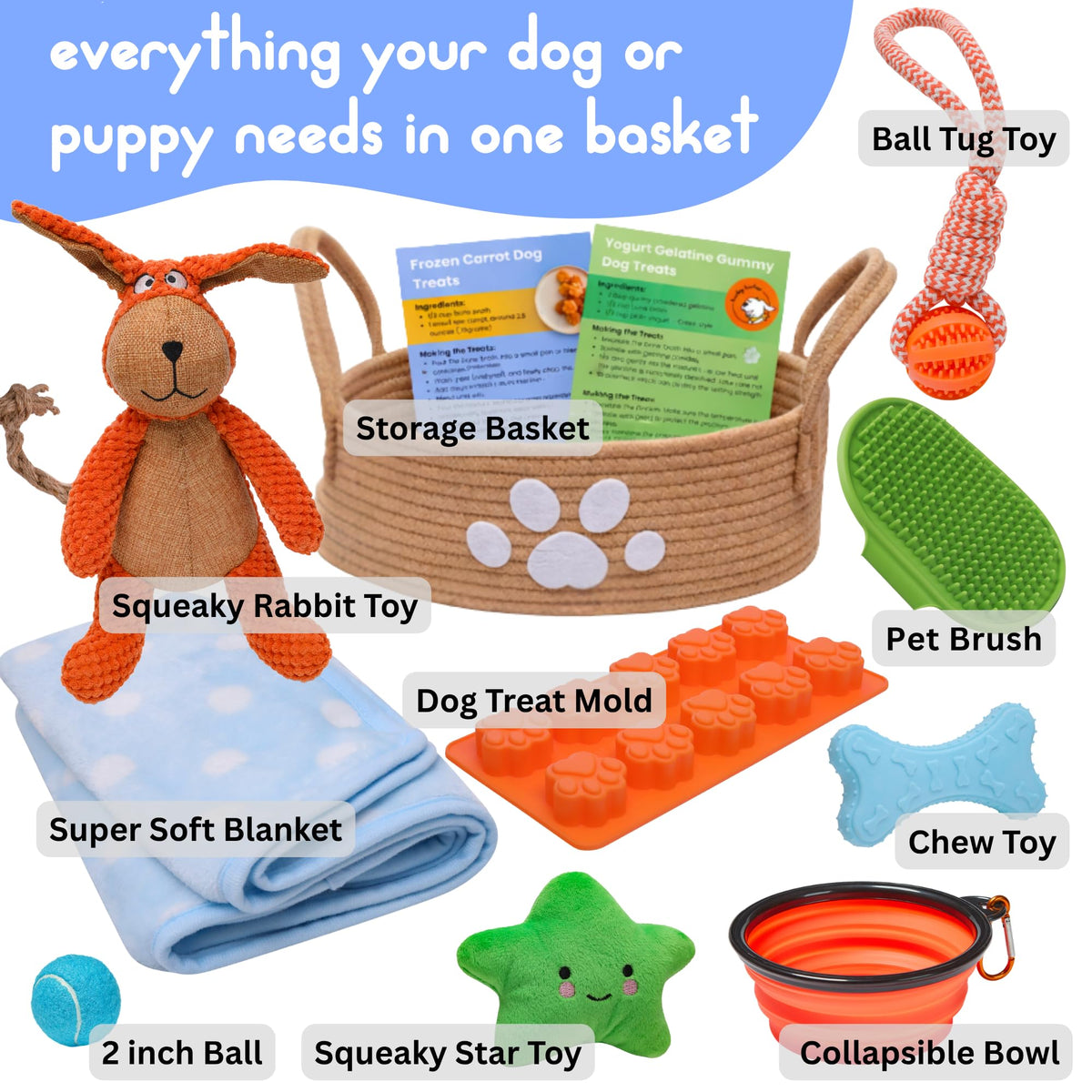 Huxley Barker New Puppy Gift Basket for Puppies, Adopted Dogs & Small Family Dogs - Chew Toys, Squeaky Toys, Toy Box, Treat Mold, Pet Blanket - Dog Gift Basket Essentials