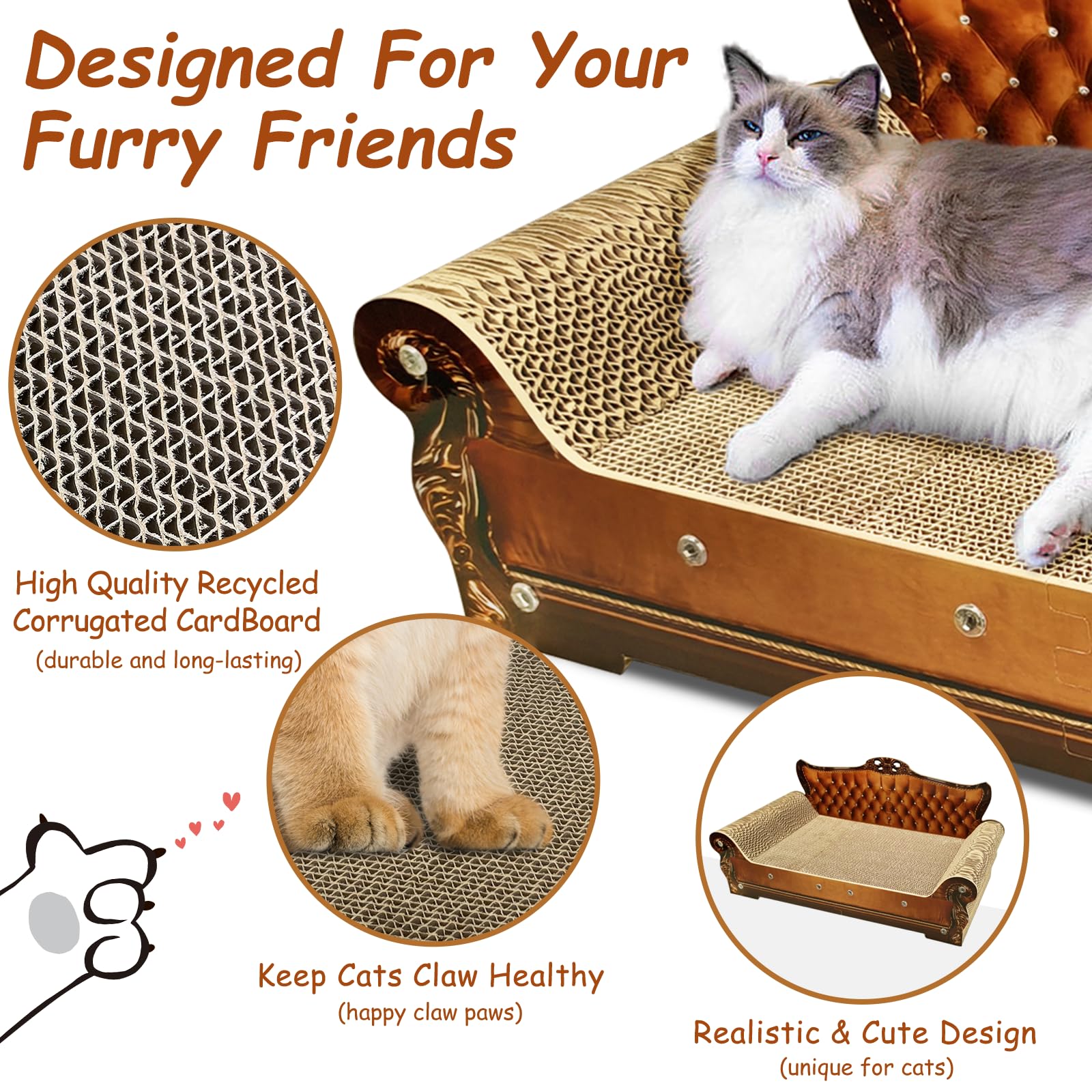 INRLKIT Luxury Cardboard Cat Scratcher Sofa Bed, Couch Shaped Scratching Board, Scratch Lounge with Catnip, Cat Scratcher for Indoor Cats Large Brown