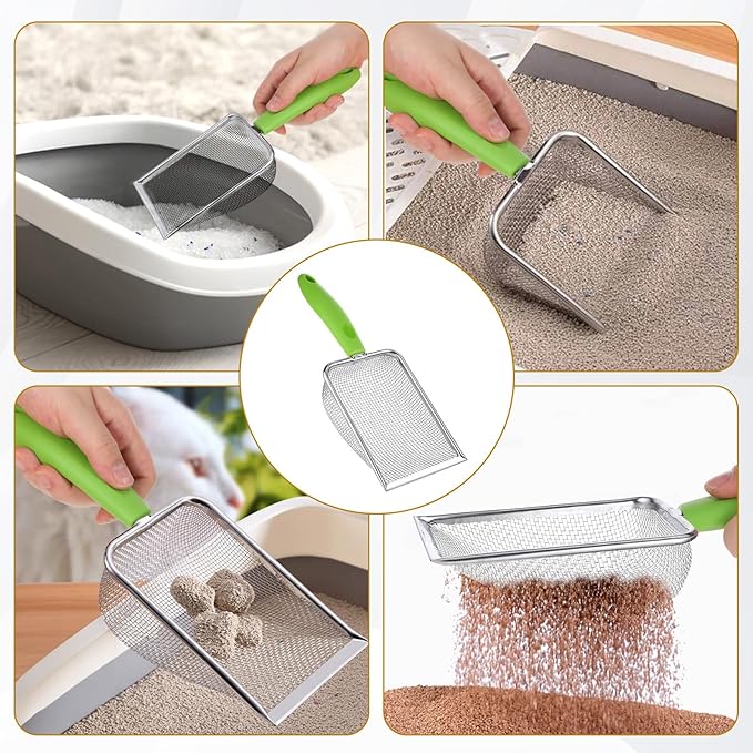 Qulkws Stainless Steel Mesh Litter Shovel, Fine Mesh Metal Reptile Litter Cleaner Scooper, Green Non-Slip Handle Sifter for Lizard Substrate Reptile Terrarium Sand Waste