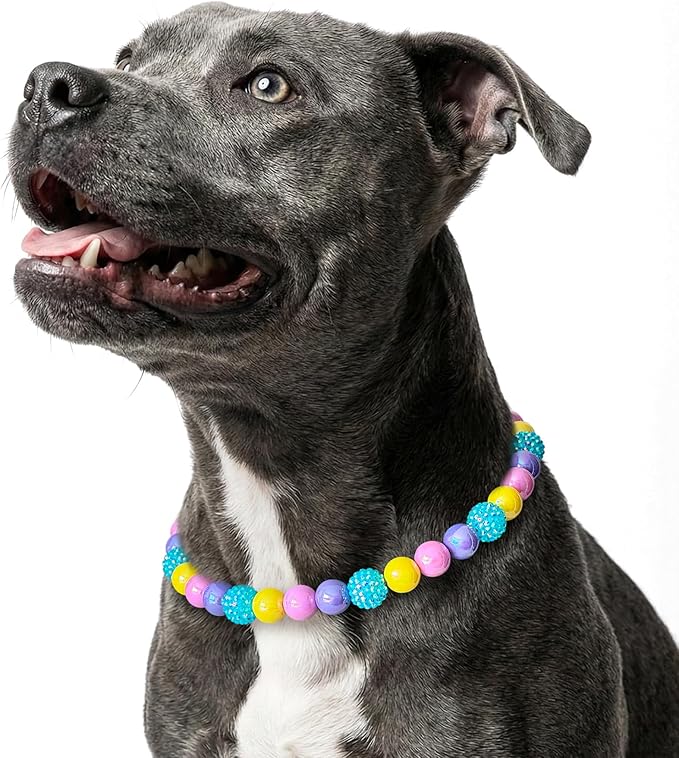 JOGIA Beaded Dog Necklace Collar, Adjustable Jewelry-Inspired Design with Sparkle Beads (Iridescent Pastels, Medium)