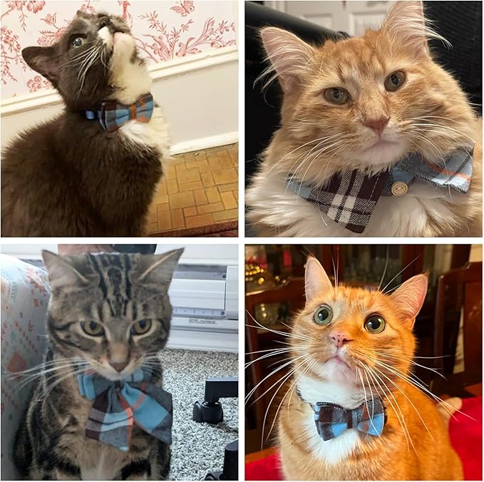 Cat Collar with Bells Breakaway, Bowtie Cat Collar for Boy Girl Cats with Removable Shirt Collar, Cute Plaid Kitten Collar with Bell & Pendant Adjustable, 3 Pack Beige Cat Collars